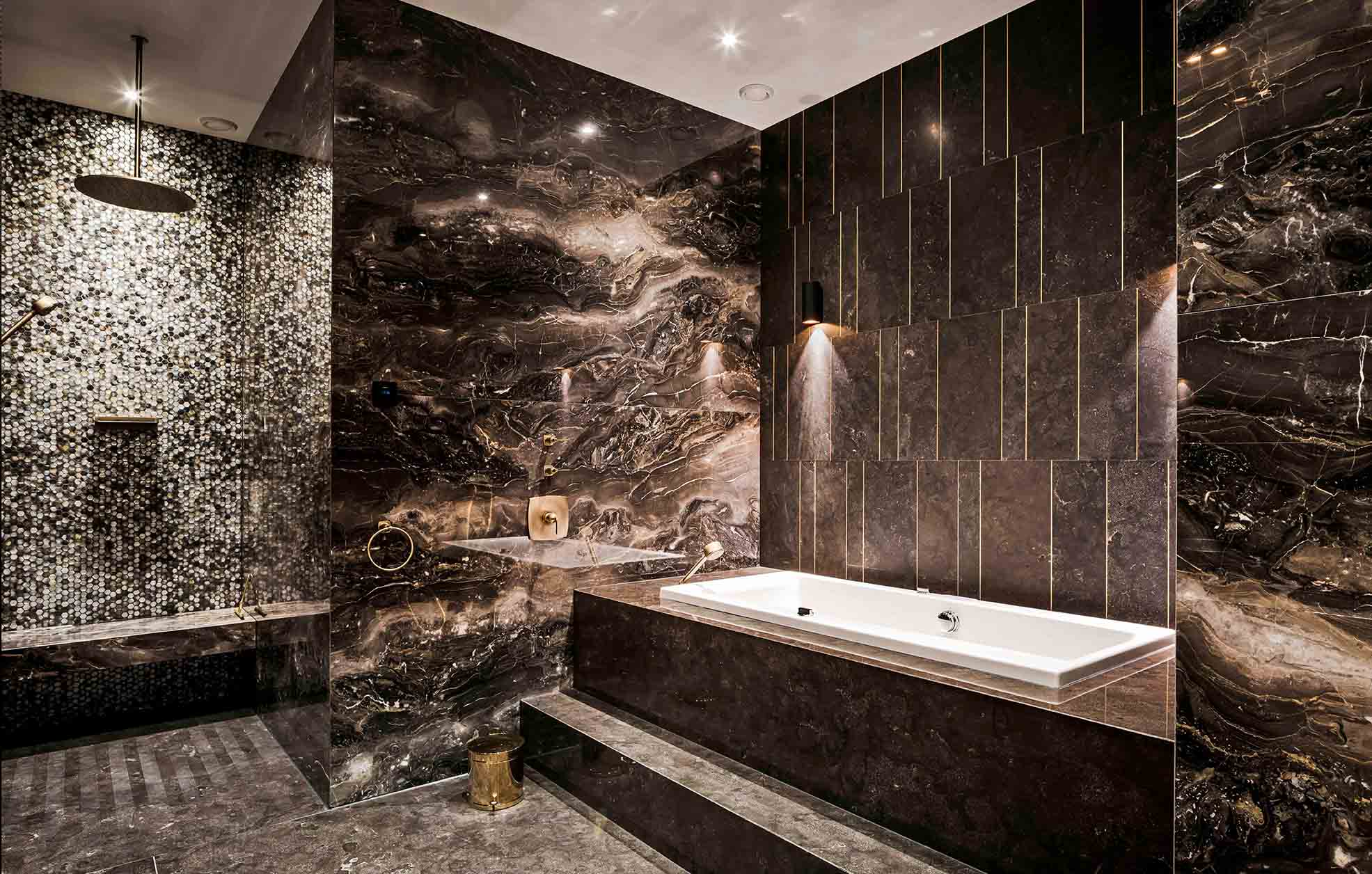 Elegant masculine bathroom with midnight pearl mosaic tiles